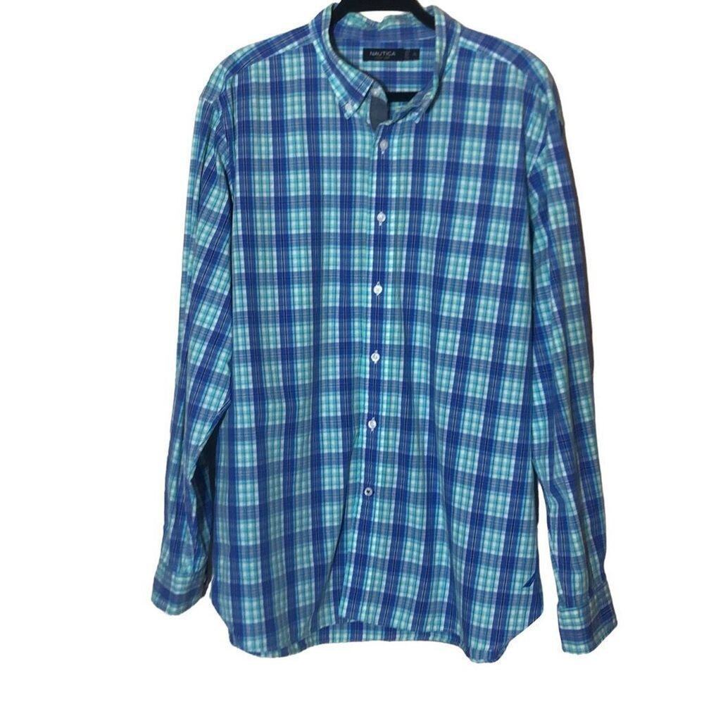 Nautica Men's Long Sleeve Button-Down Blue Plaid Check XL Classic Versatile